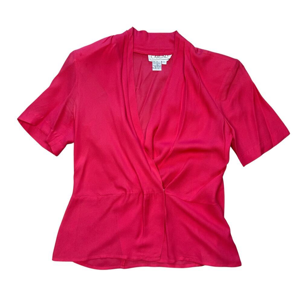 Carlisle Vintage 80s 100% Silk Dark Pink V-Neck Blouse Size Small